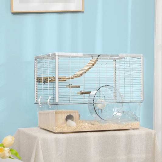 PawHut Hamster Cage, Gerbilarium Cage w/ Deep Bottom, Litter Area, Wooden Ramp, Platforms, Hut, Exercise Wheel, for Small Rodents, 59 x 35.5 x 47cm - Baig Merchant