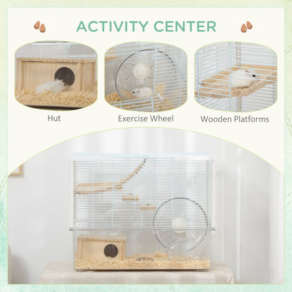 PawHut Hamster Cage, Gerbilarium Cage w/ Deep Bottom, Litter Area, Wooden Ramp, Platforms, Hut, Exercise Wheel, for Small Rodents, 59 x 35.5 x 47cm - Baig Merchant