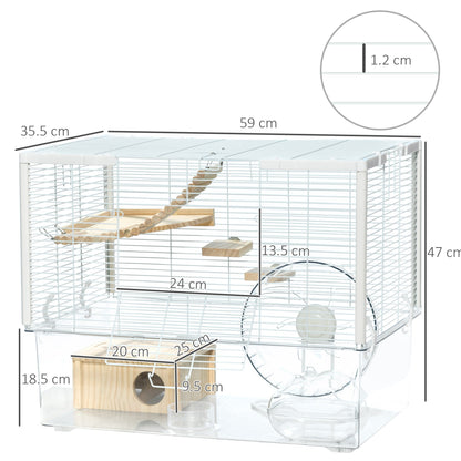 PawHut Hamster Cage, Gerbilarium Cage w/ Deep Bottom, Litter Area, Wooden Ramp, Platforms, Hut, Exercise Wheel, for Small Rodents, 59 x 35.5 x 47cm - Baig Merchant