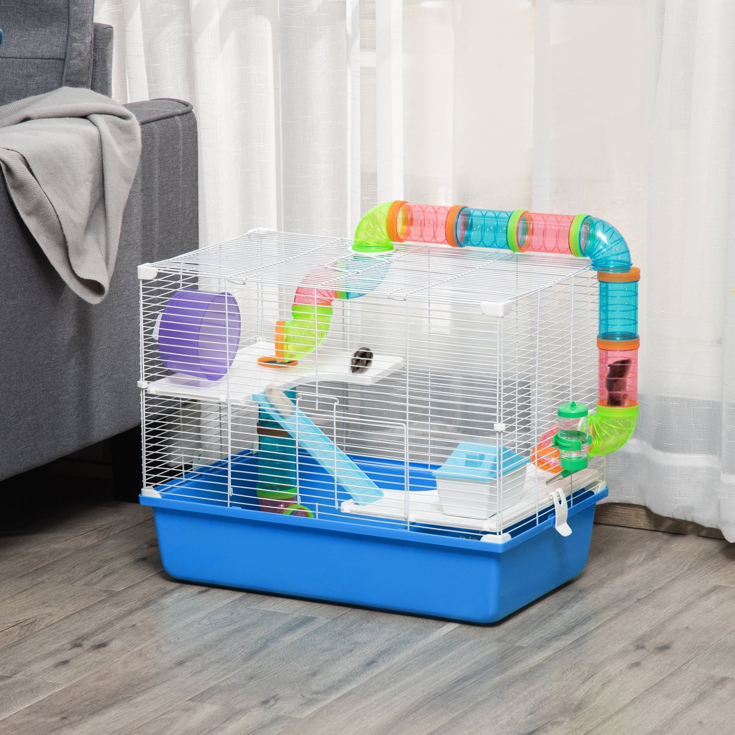 PawHut Hamster Cage with Tubes Tunnel Three - Level Rodent House with Exercise Wheel, Water Bottle, Food Dish, Ramp, Hut 59 x 36 x 47 cm - Blue - Baig Merchant