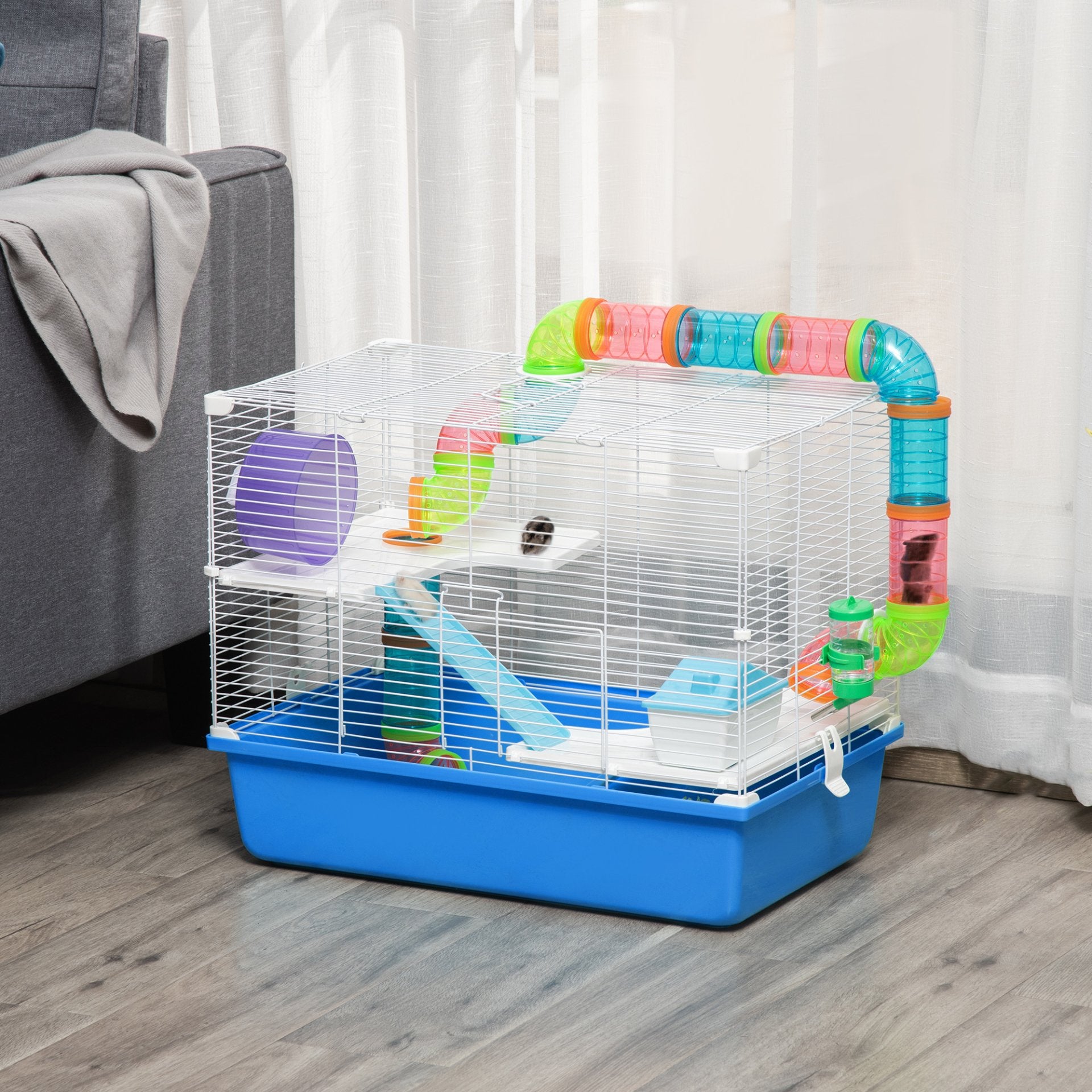 PawHut Hamster Cage with Tubes Tunnel Three - Level Rodent House with Exercise Wheel, Water Bottle, Food Dish, Ramp, Hut 59 x 36 x 47 cm - Blue - Baig Merchant