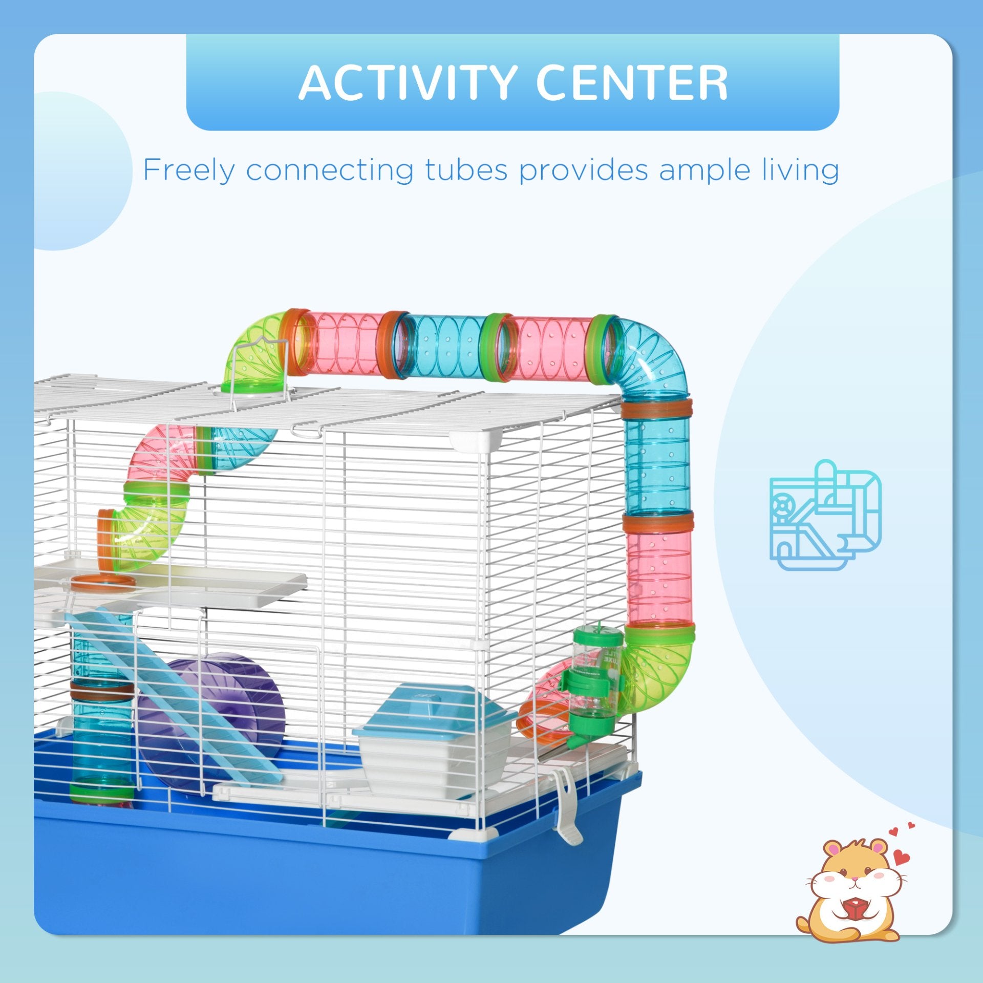 PawHut Hamster Cage with Tubes Tunnel Three - Level Rodent House with Exercise Wheel, Water Bottle, Food Dish, Ramp, Hut 59 x 36 x 47 cm - Blue - Baig Merchant