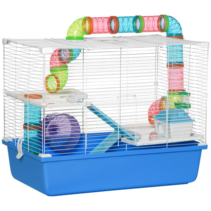 PawHut Hamster Cage with Tubes Tunnel Three - Level Rodent House with Exercise Wheel, Water Bottle, Food Dish, Ramp, Hut 59 x 36 x 47 cm - Blue - Baig Merchant