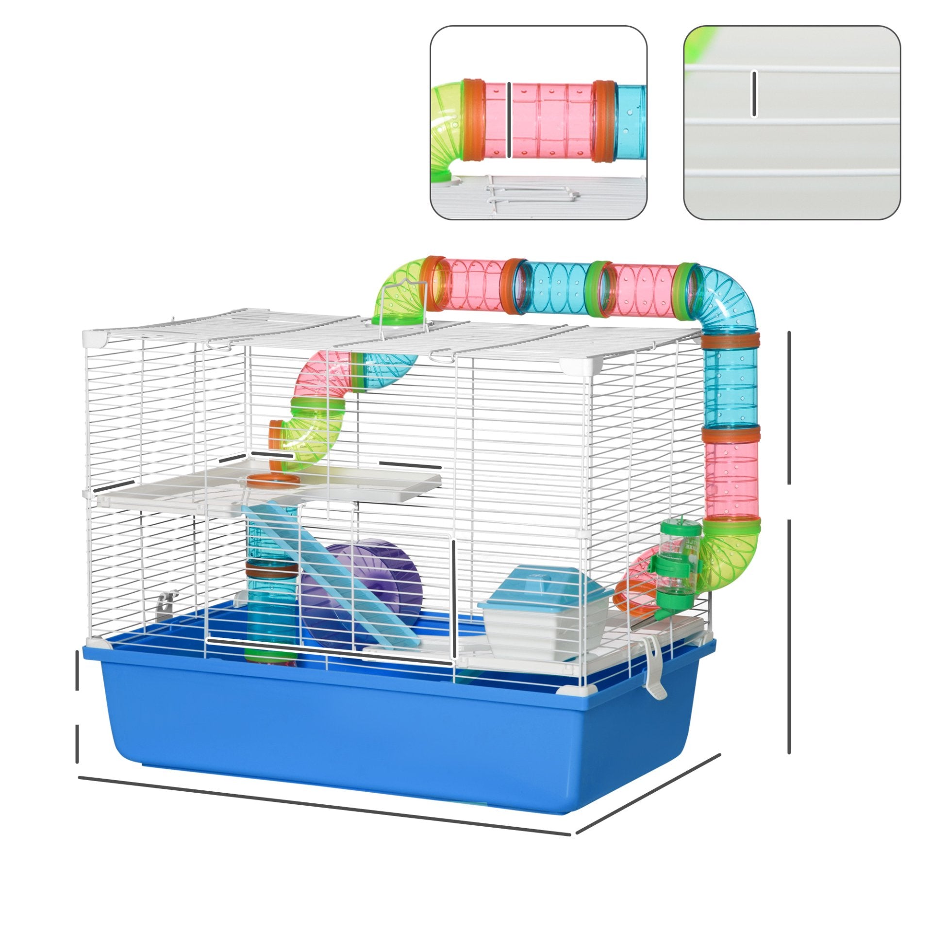 PawHut Hamster Cage with Tubes Tunnel Three - Level Rodent House with Exercise Wheel, Water Bottle, Food Dish, Ramp, Hut 59 x 36 x 47 cm - Blue - Baig Merchant