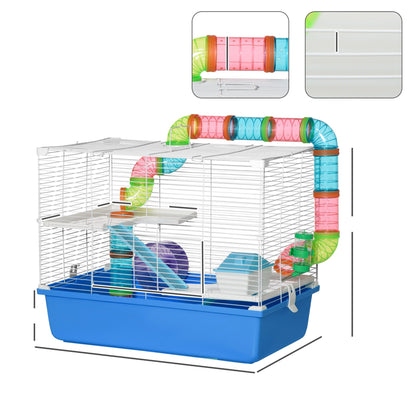 PawHut Hamster Cage with Tubes Tunnel Three - Level Rodent House with Exercise Wheel, Water Bottle, Food Dish, Ramp, Hut 59 x 36 x 47 cm - Blue - Baig Merchant