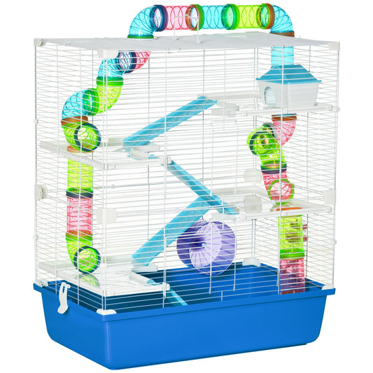 PawHut Hamster Cage with Tunnel Tube System, Five - Level Gerbil Haven with Water Bottle, Exercise Wheel, Food Dish, Ramps 59 cm x 36 cm x 69 cm - Blue - Baig Merchant