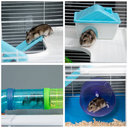 PawHut Hamster Cage with Tunnel Tube System, Five - Level Gerbil Haven with Water Bottle, Exercise Wheel, Food Dish, Ramps 59 cm x 36 cm x 69 cm - Blue - Baig Merchant