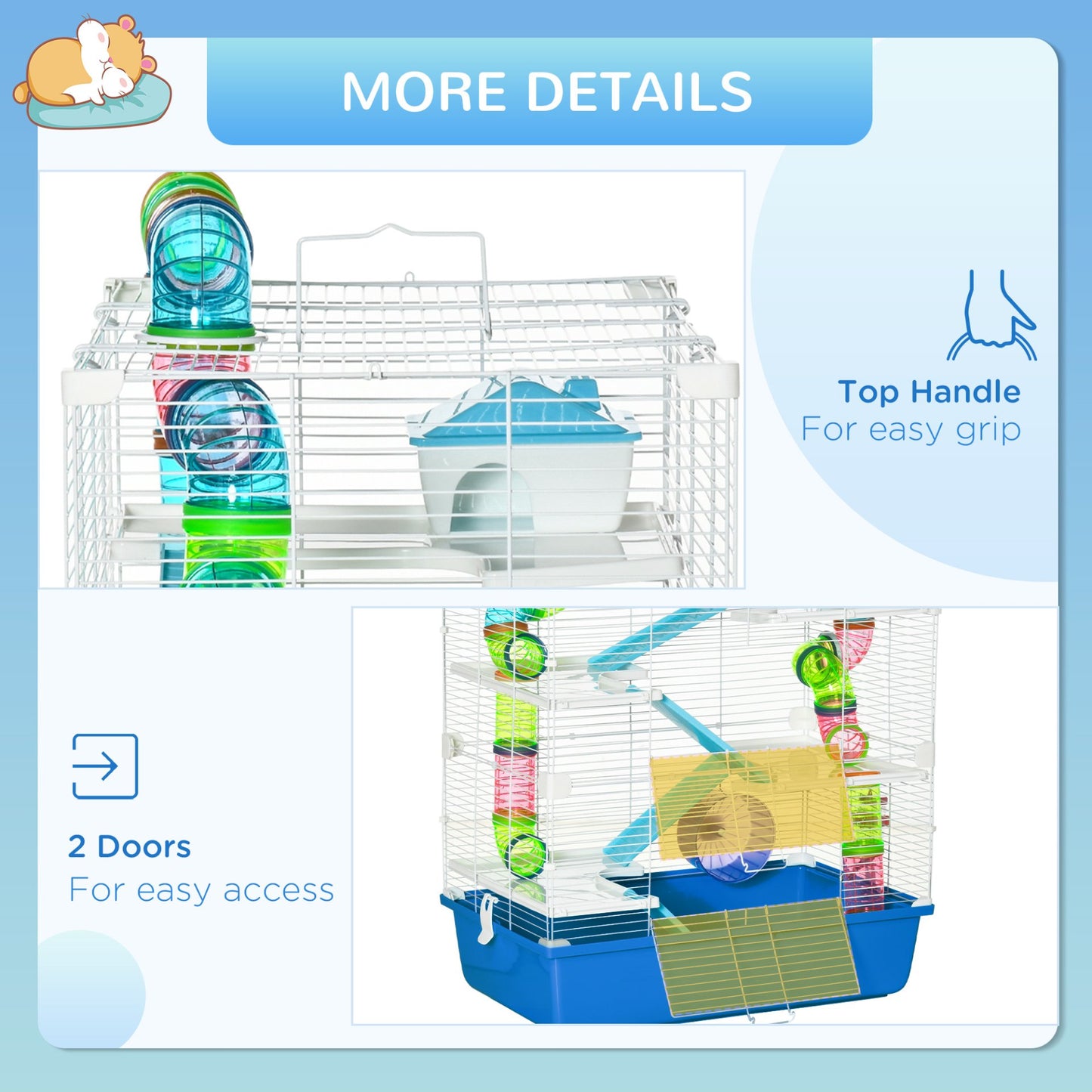 PawHut Hamster Cage with Tunnel Tube System, Five - Level Gerbil Haven with Water Bottle, Exercise Wheel, Food Dish, Ramps 59 cm x 36 cm x 69 cm - Blue - Baig Merchant