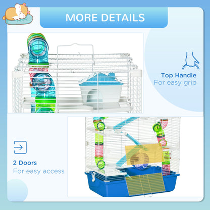 PawHut Hamster Cage with Tunnel Tube System, Five - Level Gerbil Haven with Water Bottle, Exercise Wheel, Food Dish, Ramps 59 cm x 36 cm x 69 cm - Blue - Baig Merchant