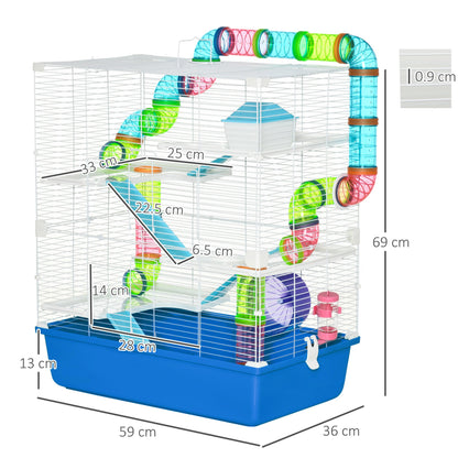 PawHut Hamster Cage with Tunnel Tube System, Five - Level Gerbil Haven with Water Bottle, Exercise Wheel, Food Dish, Ramps 59 cm x 36 cm x 69 cm - Blue - Baig Merchant