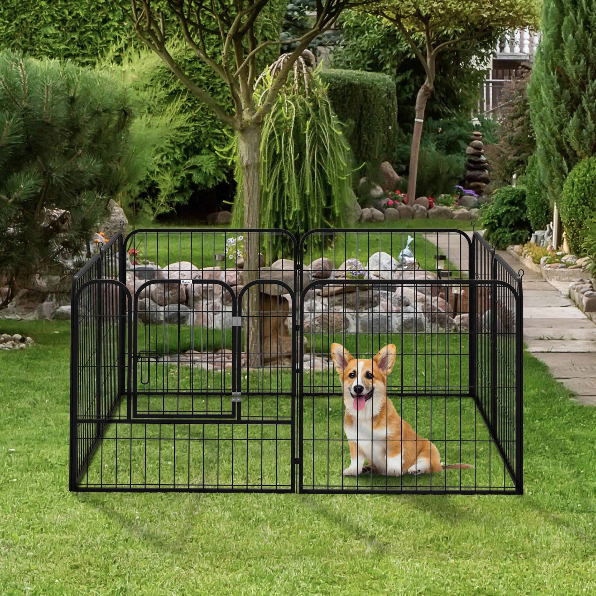 PawHut Heavy Duty 8 Panel Dog Play Pen Pet Playpen for Puppy Rabbit Enclosure Foldable Indoor Outdoor 80 x 100 cm - Baig Merchant