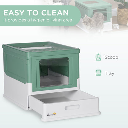 PawHut Hooded Cat Litter Box, Portable Pet Toilet w/ Tray, Scoop, Front Entry, 47.5 x 35.5 x 36.7cm - Green - Baig Merchant