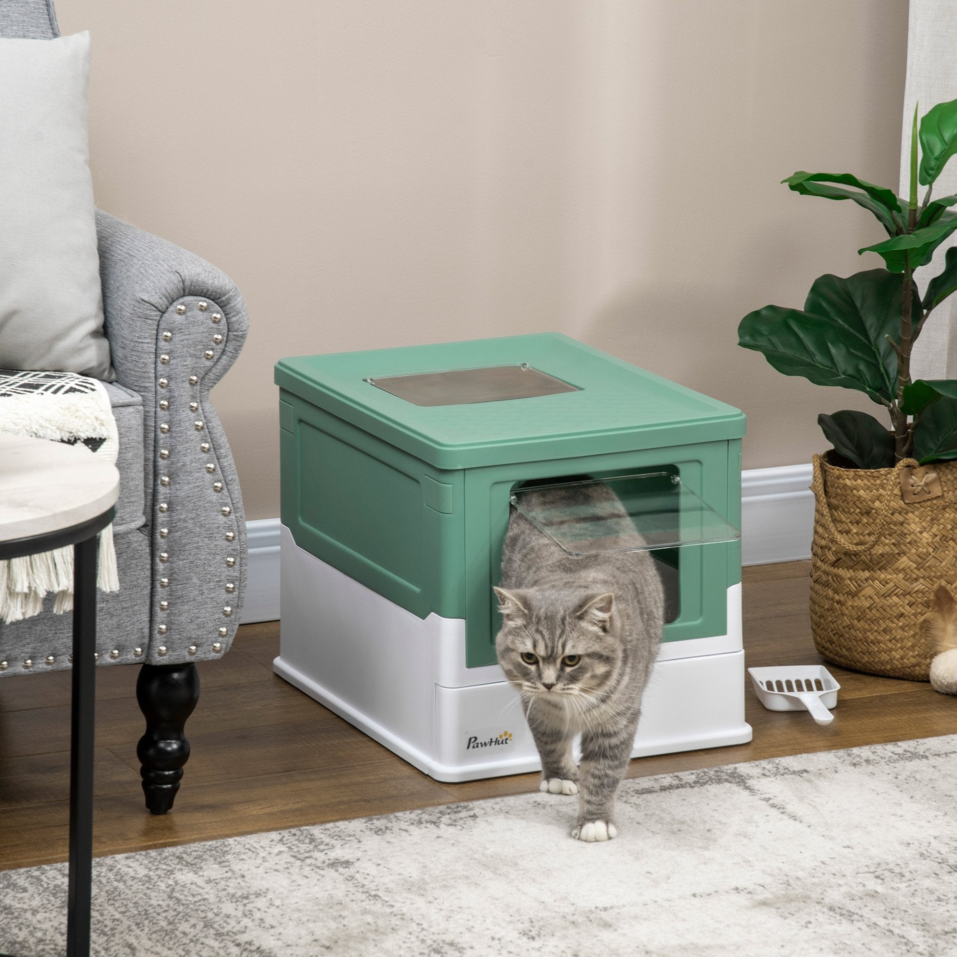 PawHut Hooded Cat Litter Box, Portable Pet Toilet w/ Tray, Scoop, Front Entry, 47.5 x 35.5 x 36.7cm - Green - Baig Merchant