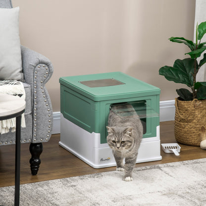 PawHut Hooded Cat Litter Box, Portable Pet Toilet w/ Tray, Scoop, Front Entry, 47.5 x 35.5 x 36.7cm - Green - Baig Merchant