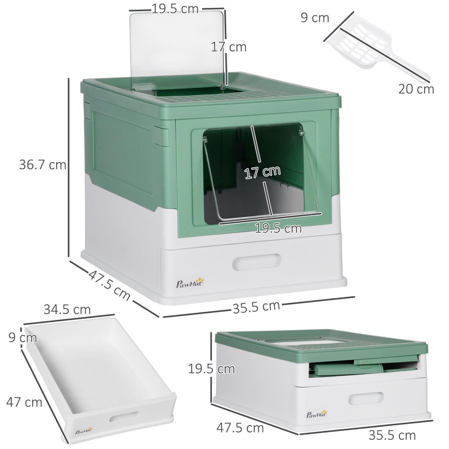 PawHut Hooded Cat Litter Box, Portable Pet Toilet w/ Tray, Scoop, Front Entry, 47.5 x 35.5 x 36.7cm - Green - Baig Merchant