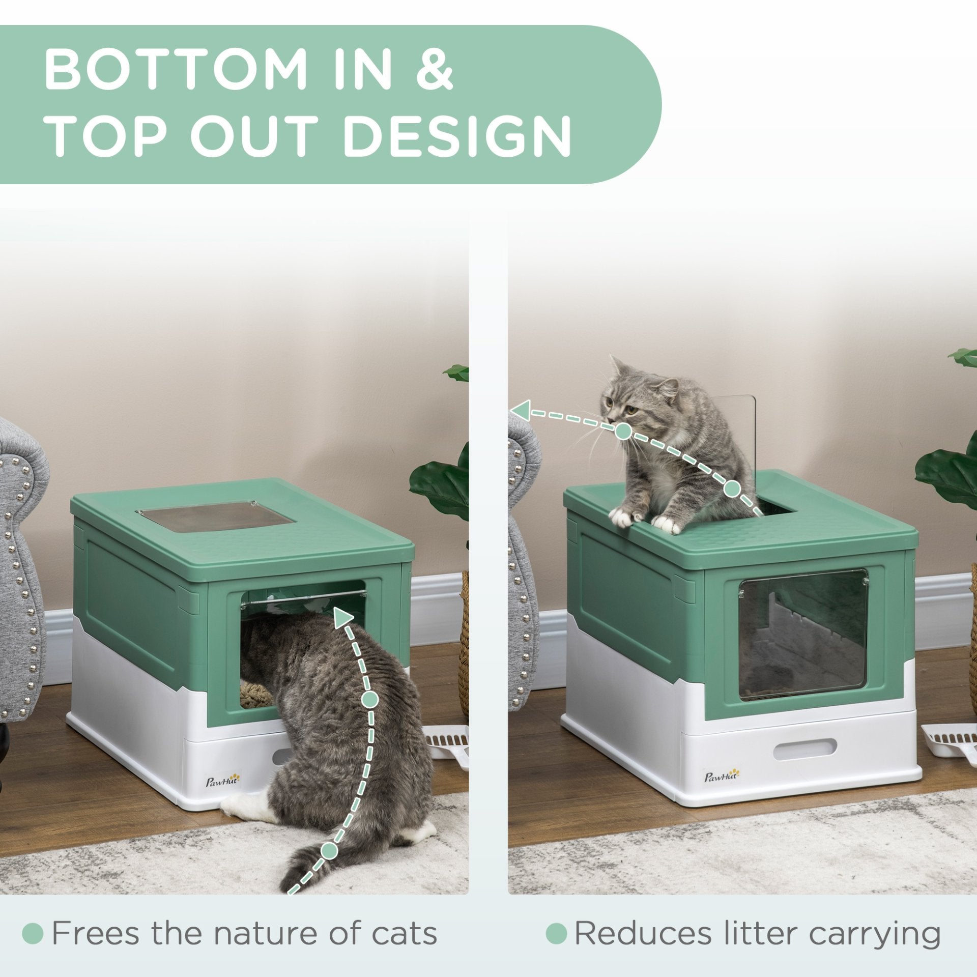 PawHut Hooded Cat Litter Box, Portable Pet Toilet w/ Tray, Scoop, Front Entry, 47.5 x 35.5 x 36.7cm - Green - Baig Merchant