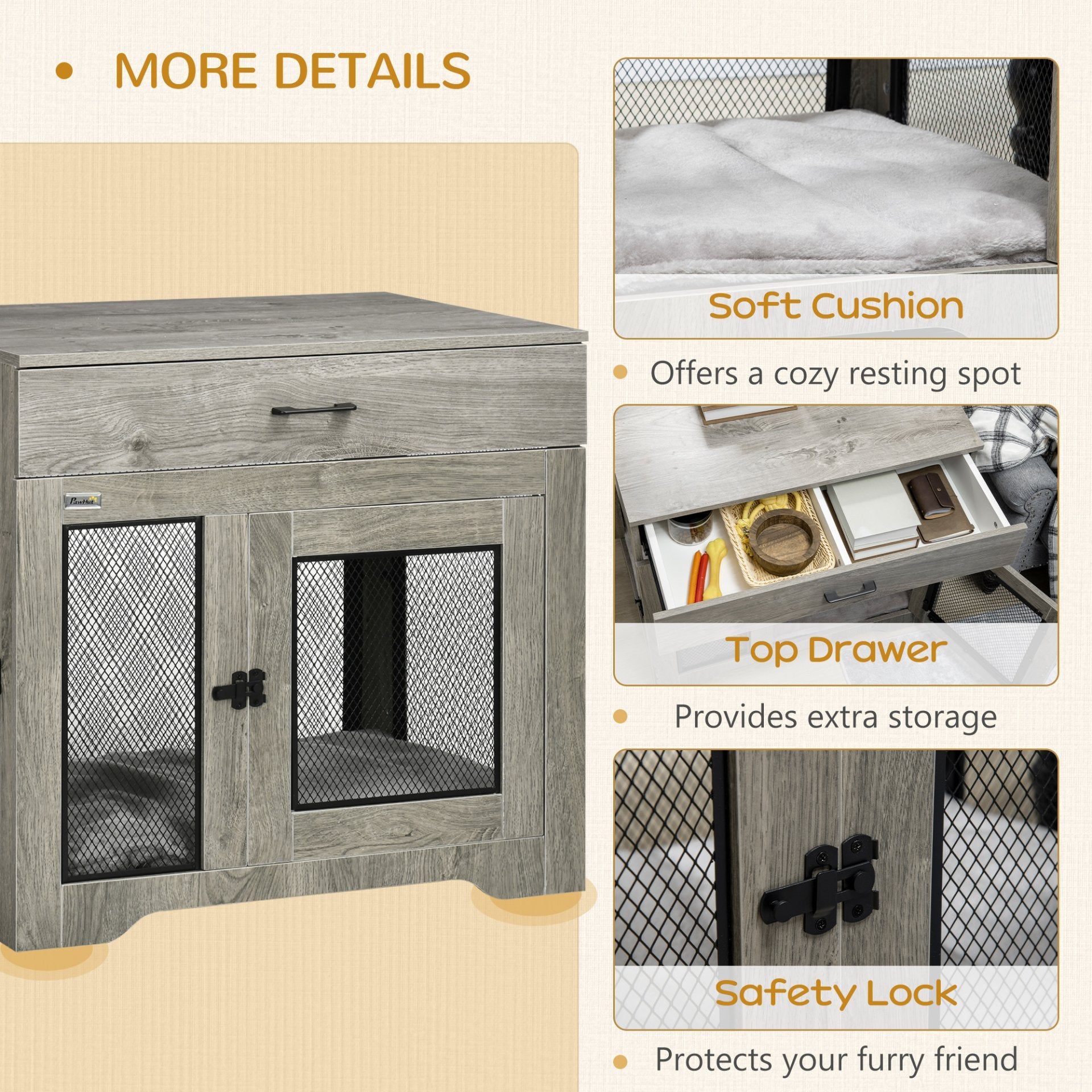 PawHut Indoor Dog Crate Furniture with Cushion, Double Doors, Pet Kennel End Table with Drawer, for Medium Dogs - Grey - Baig Merchant