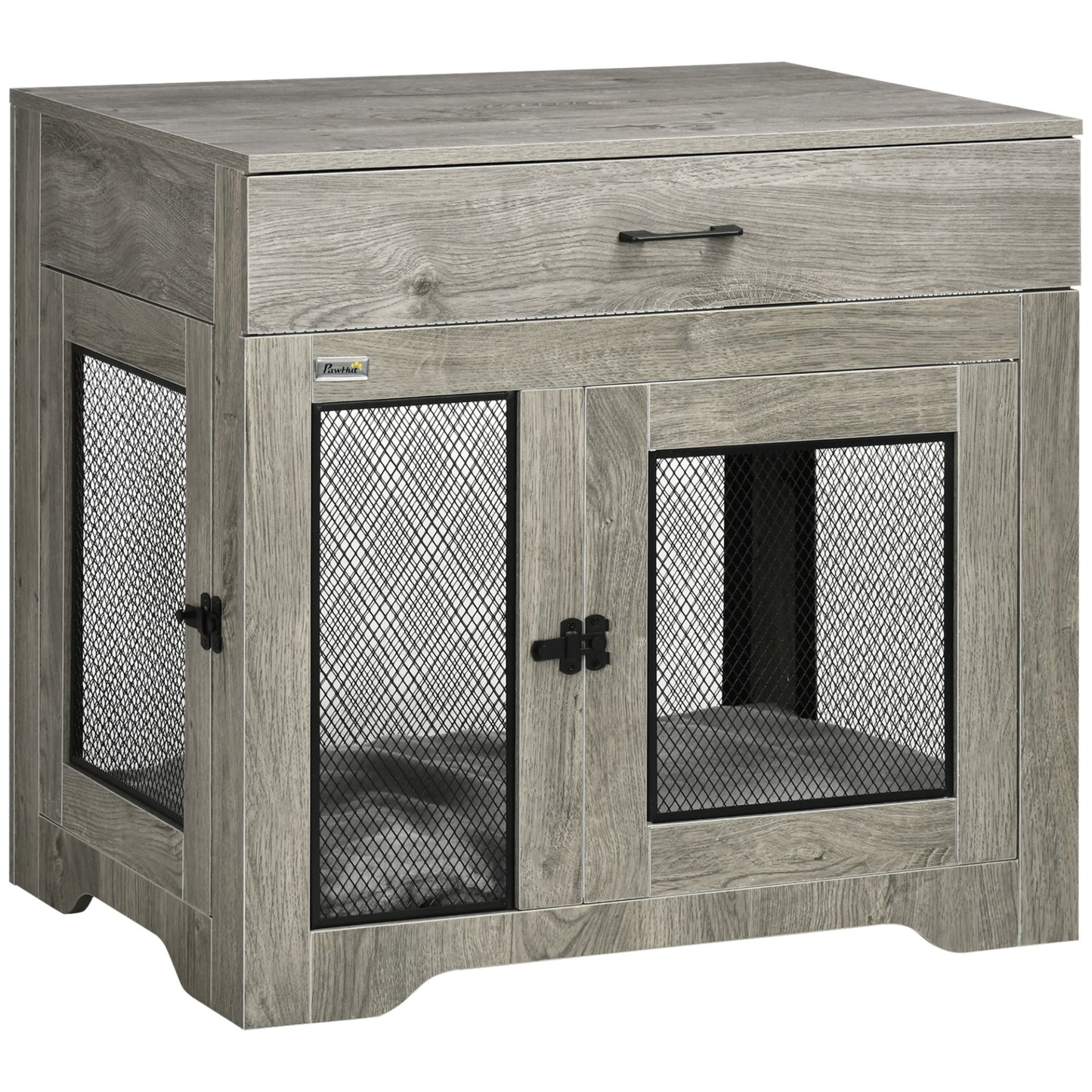 PawHut Indoor Dog Crate Furniture with Cushion, Double Doors, Pet Kennel End Table with Drawer, for Medium Dogs - Grey - Baig Merchant