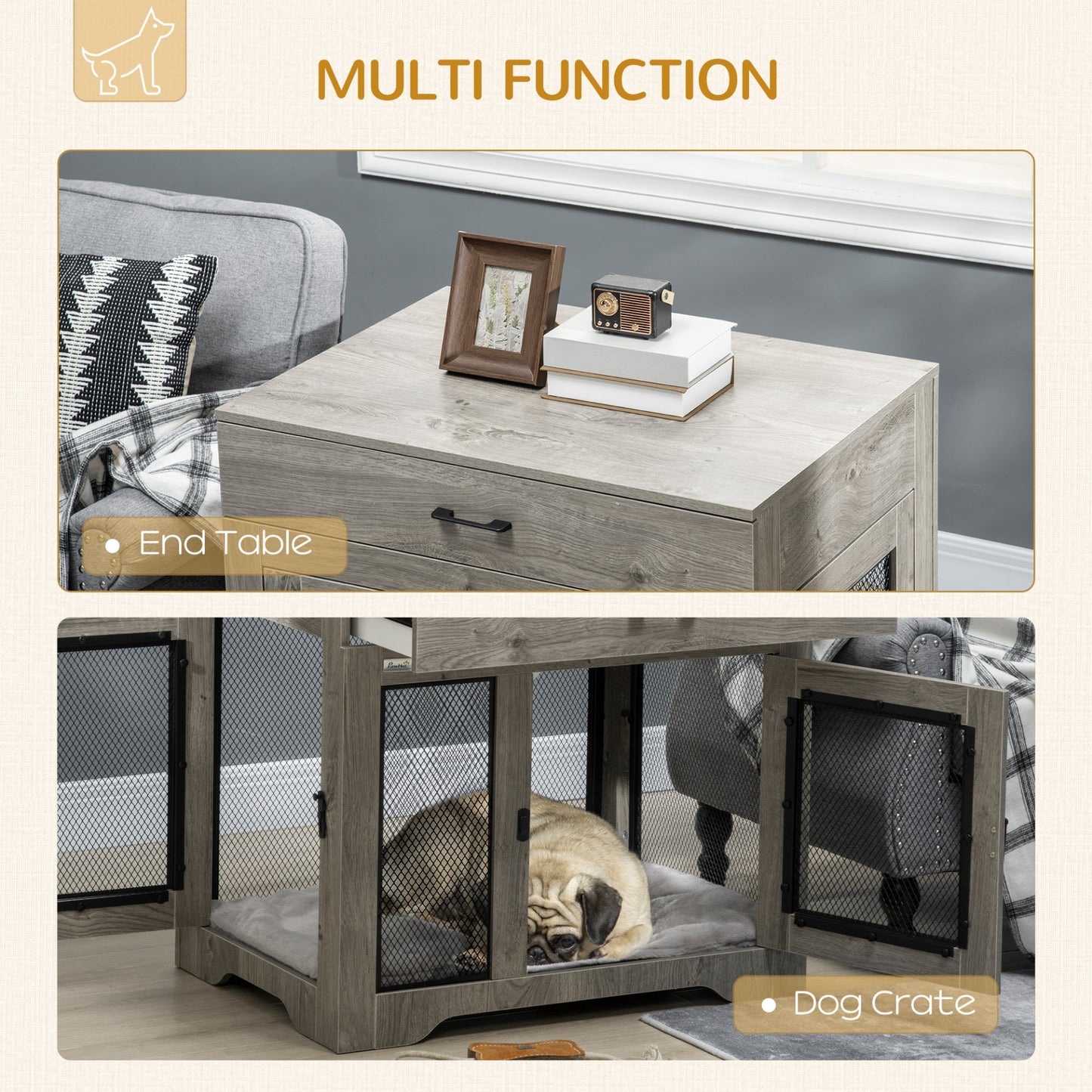 PawHut Indoor Dog Crate Furniture with Cushion, Double Doors, Pet Kennel End Table with Drawer, for Medium Dogs - Grey - Baig Merchant