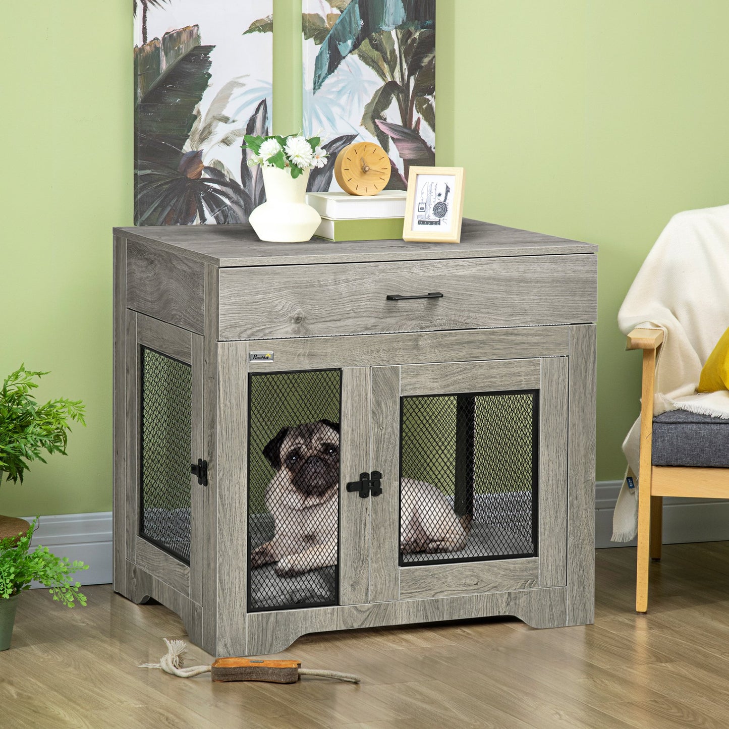 PawHut Indoor Dog Crate Furniture with Cushion, Double Doors, Pet Kennel End Table with Drawer, for Medium Dogs - Grey - Baig Merchant