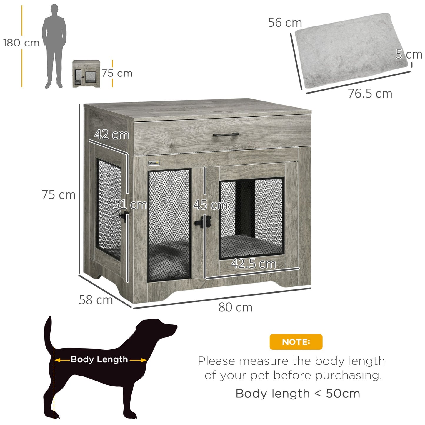 PawHut Indoor Dog Crate Furniture with Cushion, Double Doors, Pet Kennel End Table with Drawer, for Medium Dogs - Grey - Baig Merchant