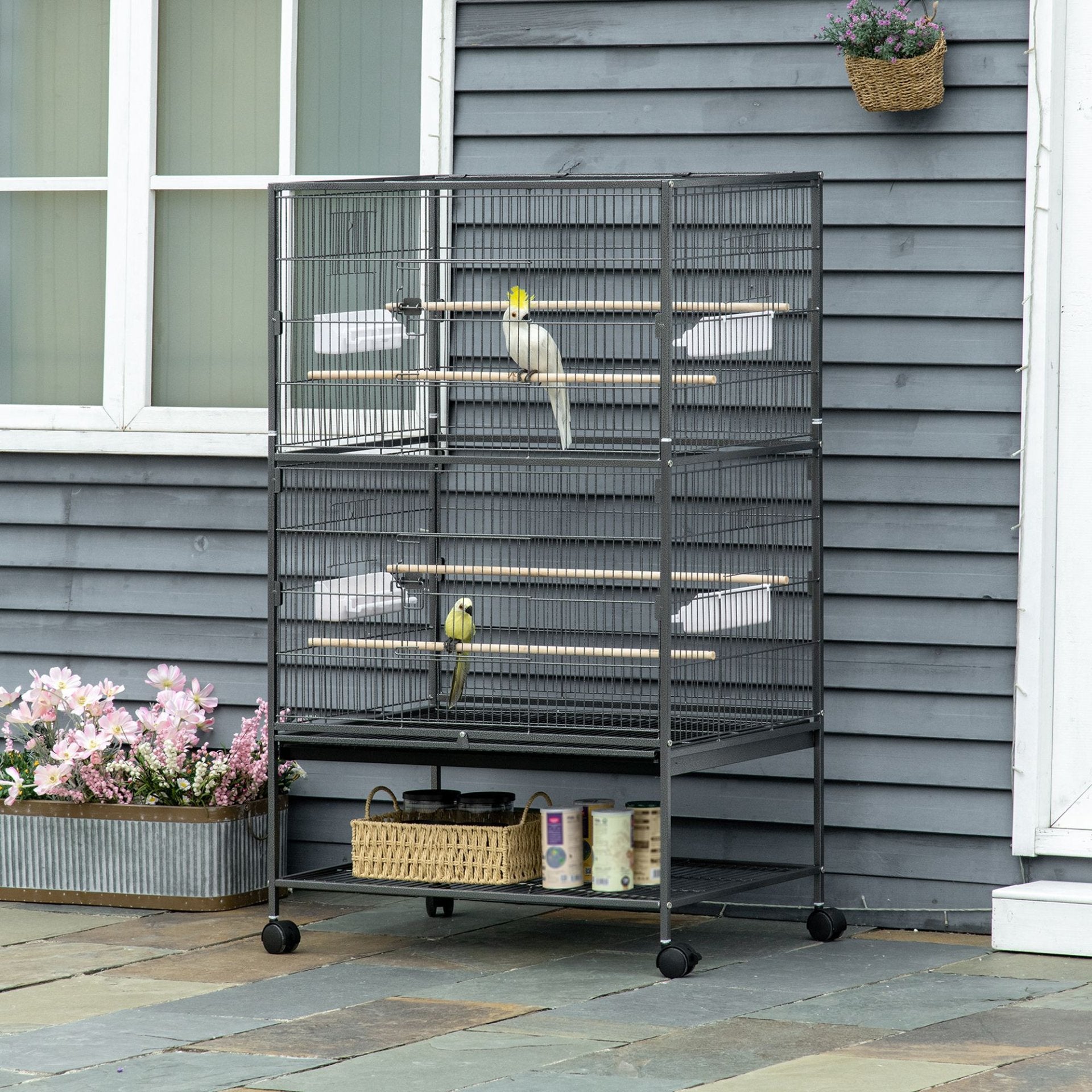 PawHut Large Bird Cage Budgie Cage for Finch Canaries Parakeet with Rolling Stand, Slide - out Tray, Storage Shelf, Food Containers, Dark Grey - Baig Merchant