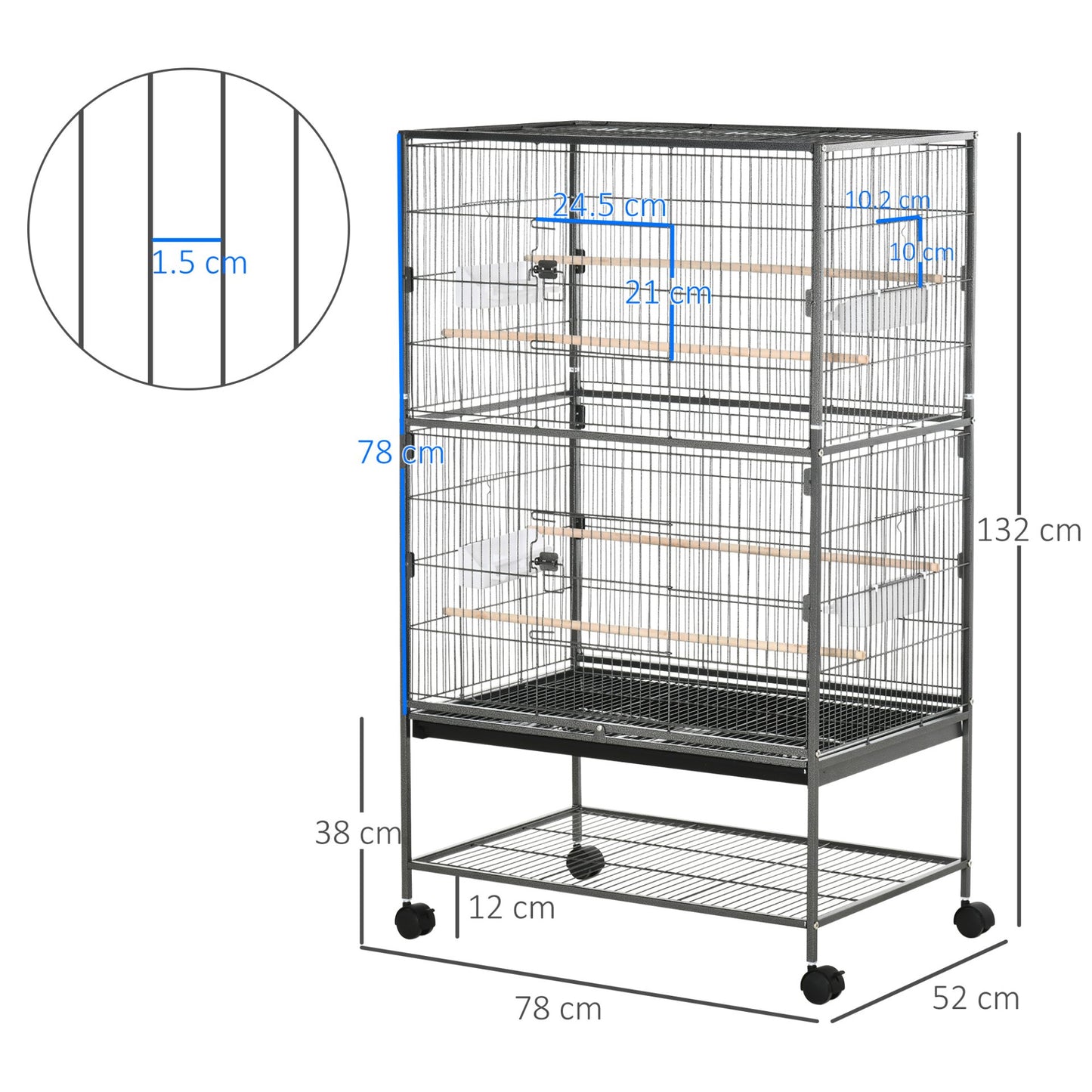 PawHut Large Bird Cage Budgie Cage for Finch Canaries Parakeet with Rolling Stand, Slide - out Tray, Storage Shelf, Food Containers, Dark Grey - Baig Merchant