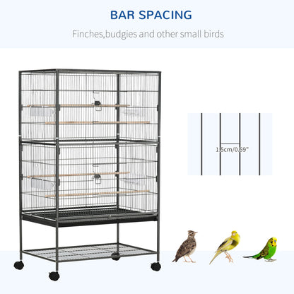 PawHut Large Bird Cage Budgie Cage for Finch Canaries Parakeet with Rolling Stand, Slide - out Tray, Storage Shelf, Food Containers, Dark Grey - Baig Merchant