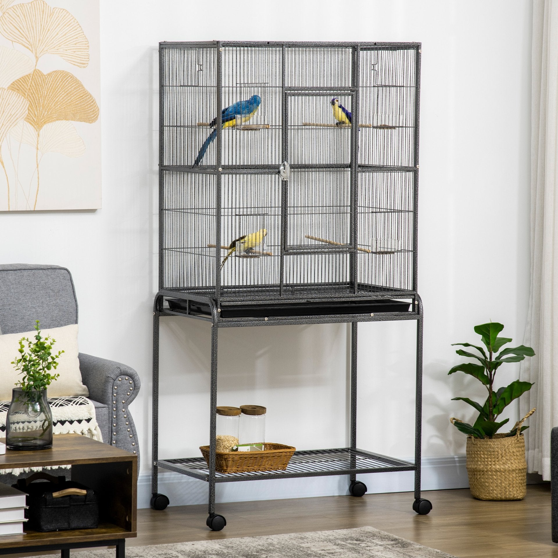 PawHut Metal Bird Cage for Parakeets and Canaries with Rolling Stand, Storage Shelf, and Accessories - Baig Merchant