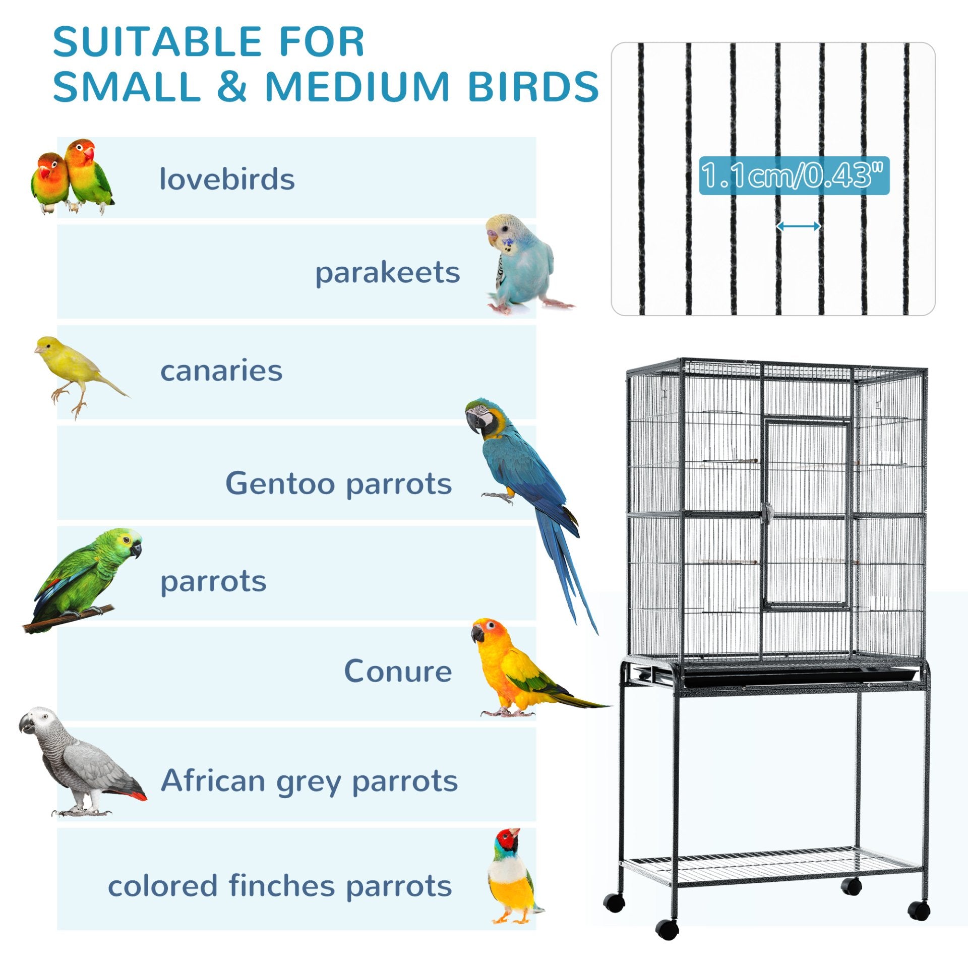 PawHut Metal Bird Cage for Parakeets and Canaries with Rolling Stand, Storage Shelf, and Accessories - Baig Merchant