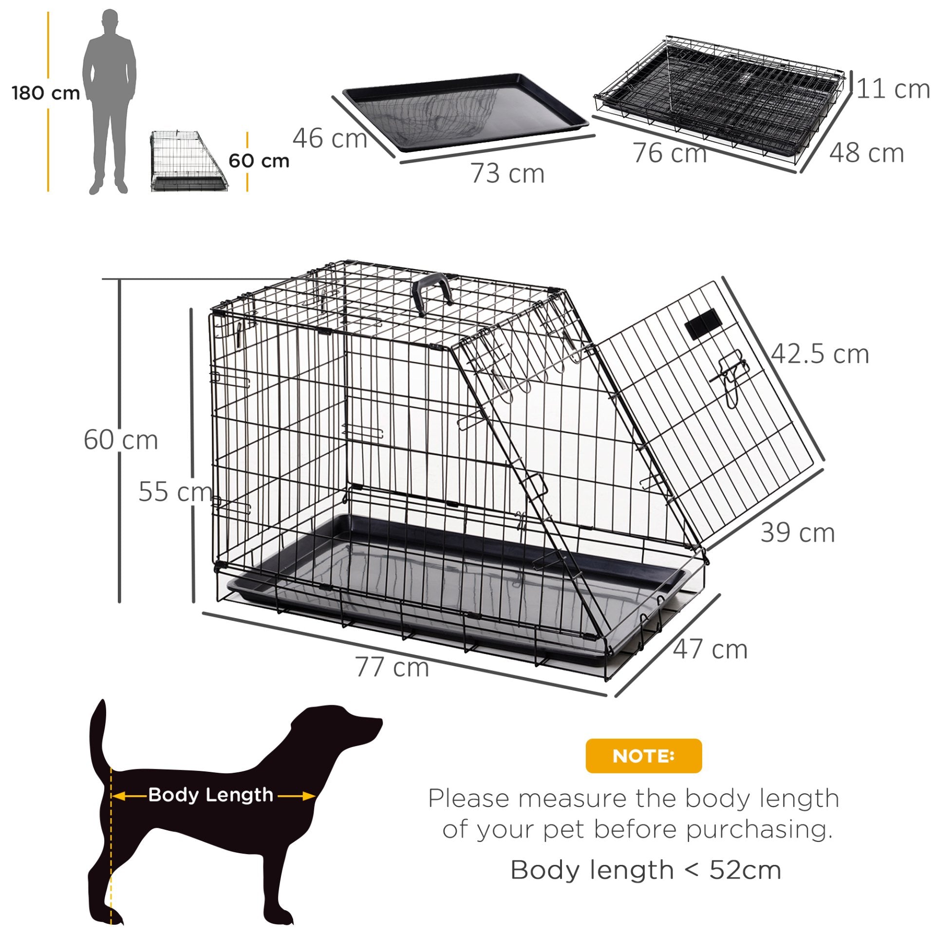 PawHut Metal Dog Car Crate Folding Pet Cage Transport Box Carrier for Small Dog with Removable Tray 77 x 47 x 55cm - Baig Merchant