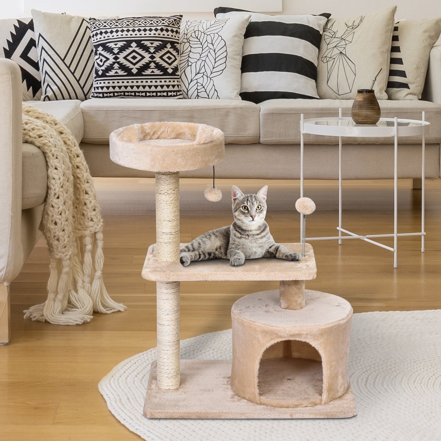 PawHut Mult - level Cat Tree for Indoor Cats Scratch Post Scratcher Climbing Tower Kitty Activity Center Condo Perch Jumping Platforms Beige 60L x 40W x 81H cm - Baig Merchant