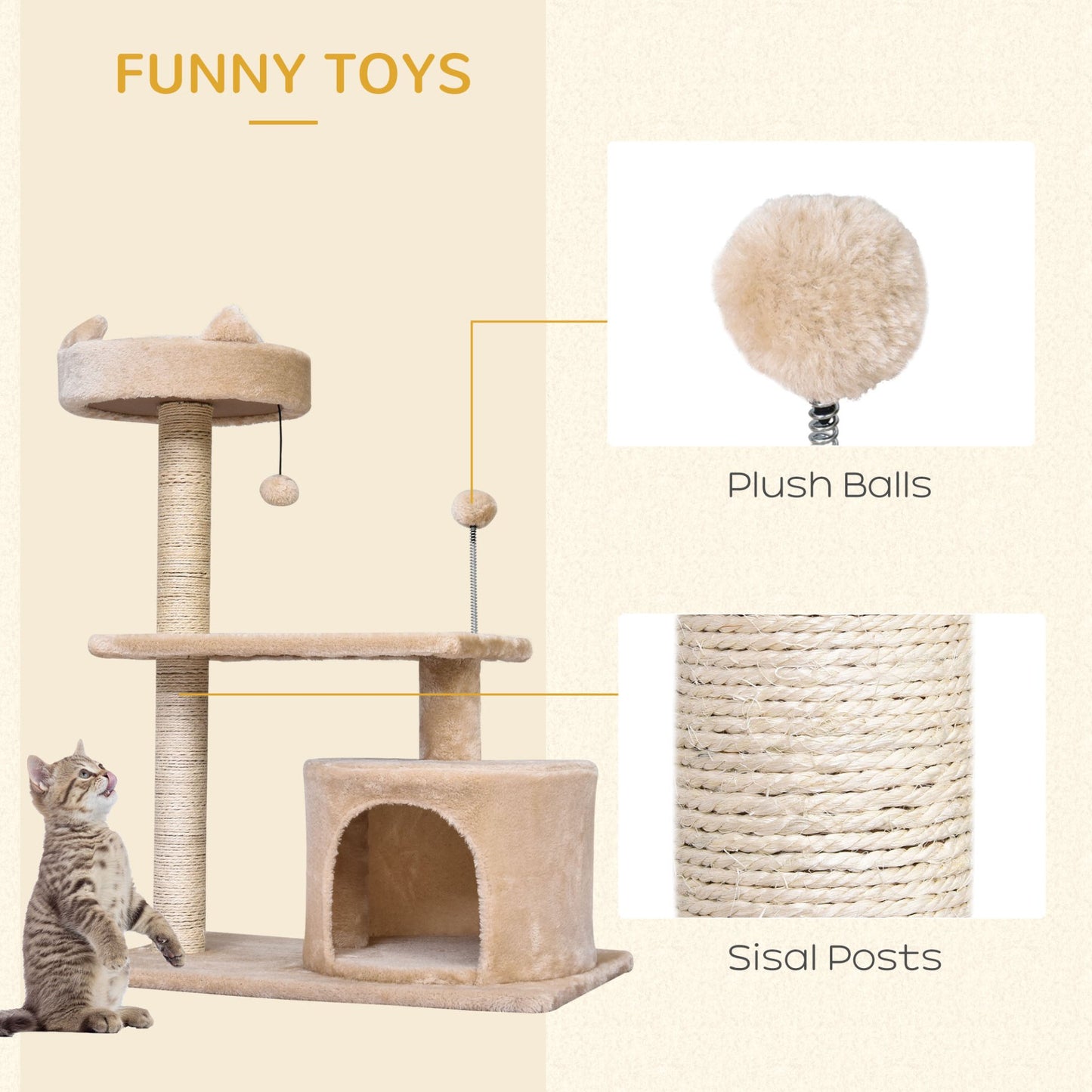 PawHut Mult - level Cat Tree for Indoor Cats Scratch Post Scratcher Climbing Tower Kitty Activity Center Condo Perch Jumping Platforms Beige 60L x 40W x 81H cm - Baig Merchant