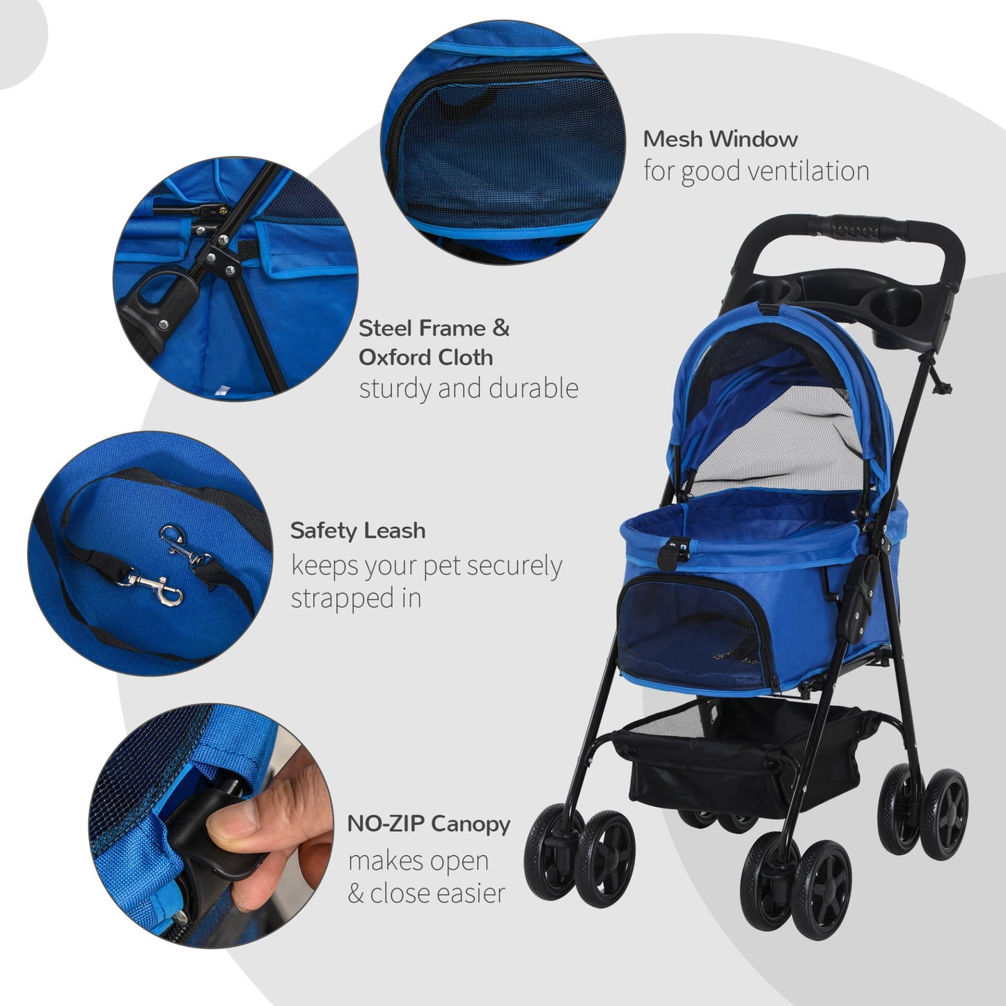 PawHut No - Zip Dog Stroller Pet Cat Travel Pushchair One - Click Fold Trolley Jogger with EVA Wheels Brake Basket Adjustable Canopy Safety Leash for Small Dogs, Blue - Baig Merchant