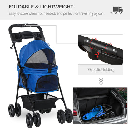 PawHut No - Zip Dog Stroller Pet Cat Travel Pushchair One - Click Fold Trolley Jogger with EVA Wheels Brake Basket Adjustable Canopy Safety Leash for Small Dogs, Blue - Baig Merchant