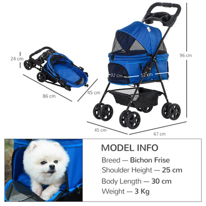 PawHut No - Zip Dog Stroller Pet Cat Travel Pushchair One - Click Fold Trolley Jogger with EVA Wheels Brake Basket Adjustable Canopy Safety Leash for Small Dogs, Blue - Baig Merchant