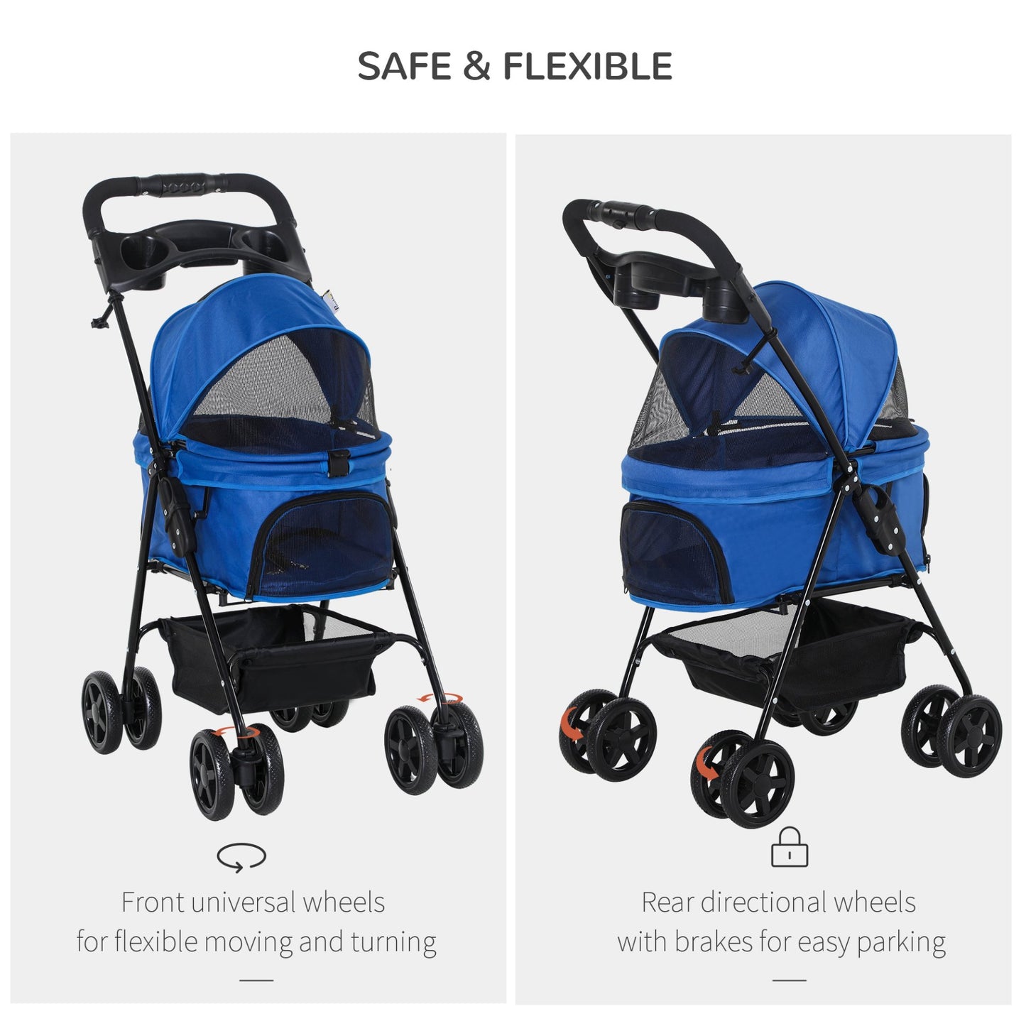 PawHut No - Zip Dog Stroller Pet Cat Travel Pushchair One - Click Fold Trolley Jogger with EVA Wheels Brake Basket Adjustable Canopy Safety Leash for Small Dogs, Blue - Baig Merchant