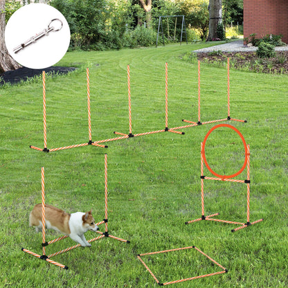 PawHut Pet Agility Training Equipment Dog Play Run Jump Hurdle Bar Obedience Training Set with Adjustable Height Jump Ring High Jumper Weave Poles Square Pause Box Carry Bag Whistle - Baig Merchant