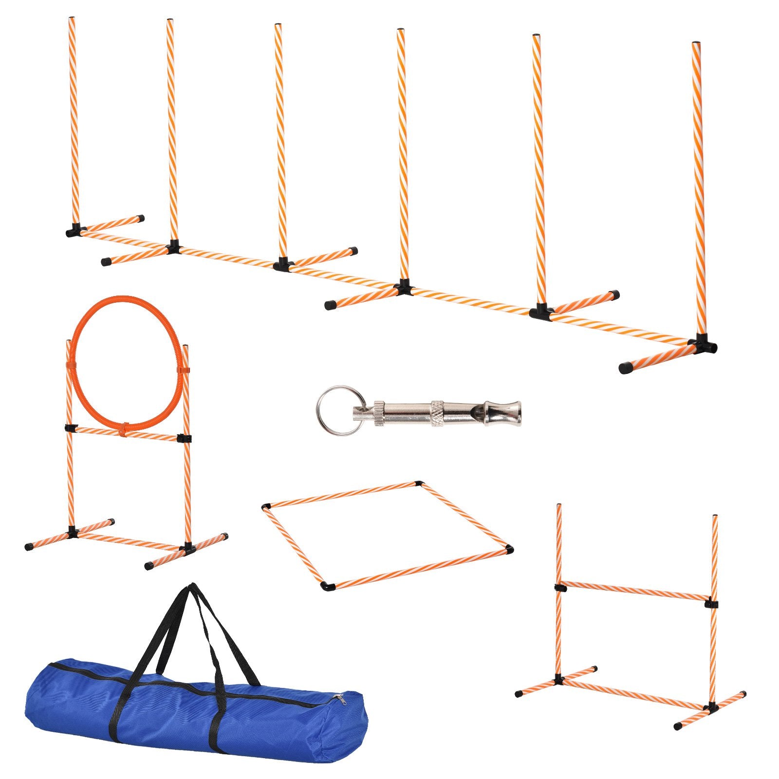 PawHut Pet Agility Training Equipment Dog Play Run Jump Hurdle Bar Obedience Training Set with Adjustable Height Jump Ring High Jumper Weave Poles Square Pause Box Carry Bag Whistle - Baig Merchant