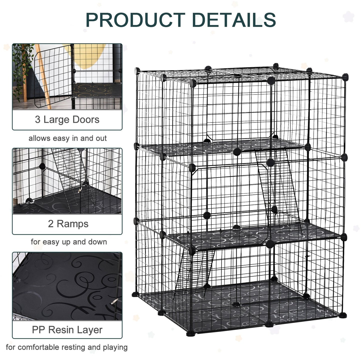 PawHut Pet Playpen DIY Small Animal Cage Enclosure Metal Wire Fence 39 Panels with 3 Doors 2 Ramps for Kitten Bunny Chinchilla Pet Mink Black - Baig Merchant