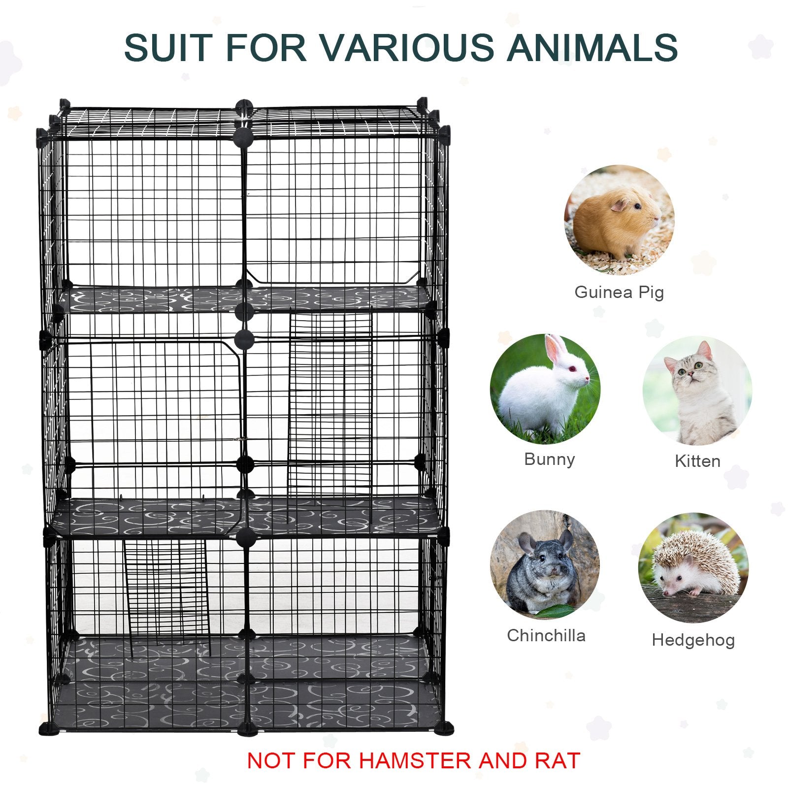 PawHut Pet Playpen DIY Small Animal Cage Enclosure Metal Wire Fence 39 Panels with 3 Doors 2 Ramps for Kitten Bunny Chinchilla Pet Mink Black - Baig Merchant