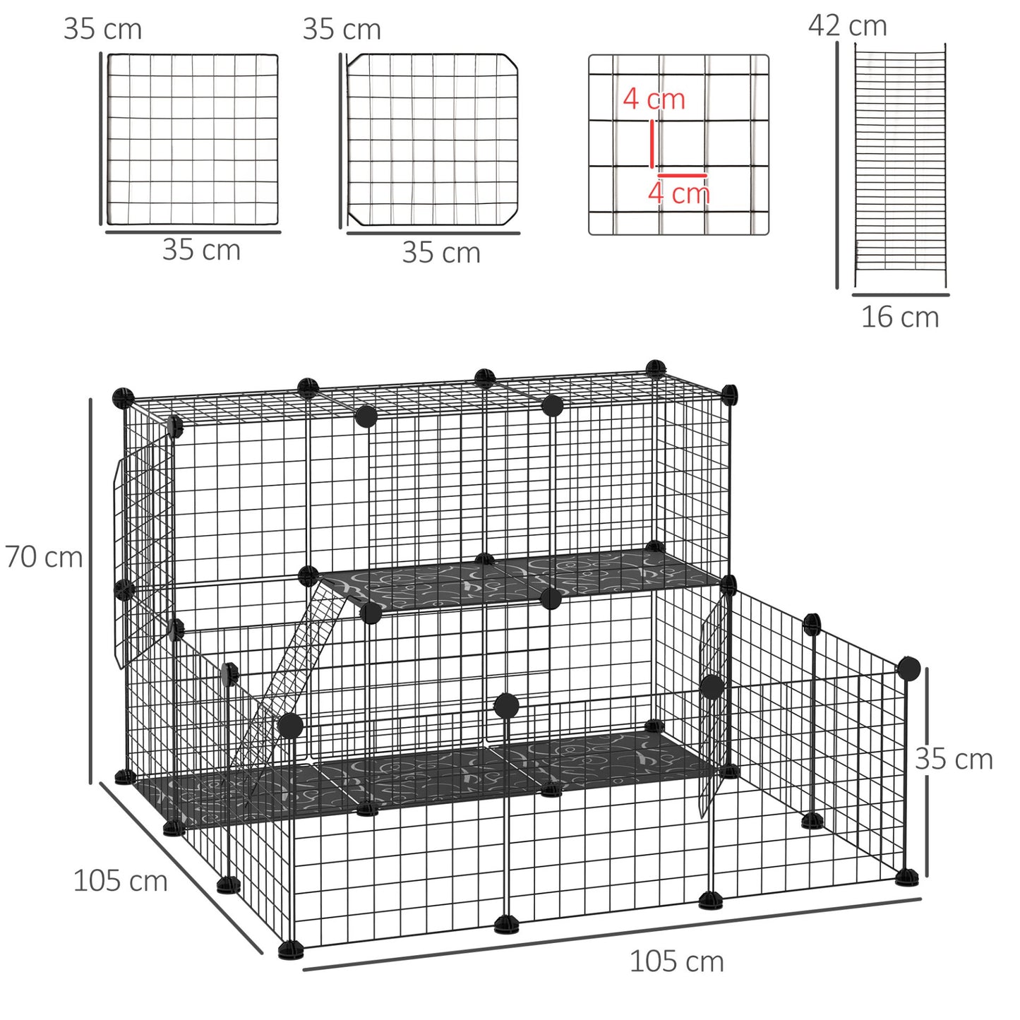 PawHut Pet Playpen w/ Door Customisable Fence for Guinea Pigs Chinchillas Hedgehogs - Black - Baig Merchant