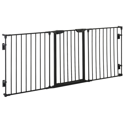 PawHut Pet Safety Gate 3 - Panel Playpen Fireplace Christmas Tree Metal Fence Stair Barrier Room Divider with Walk Through Door Automatically Close Lock Black - Baig Merchant