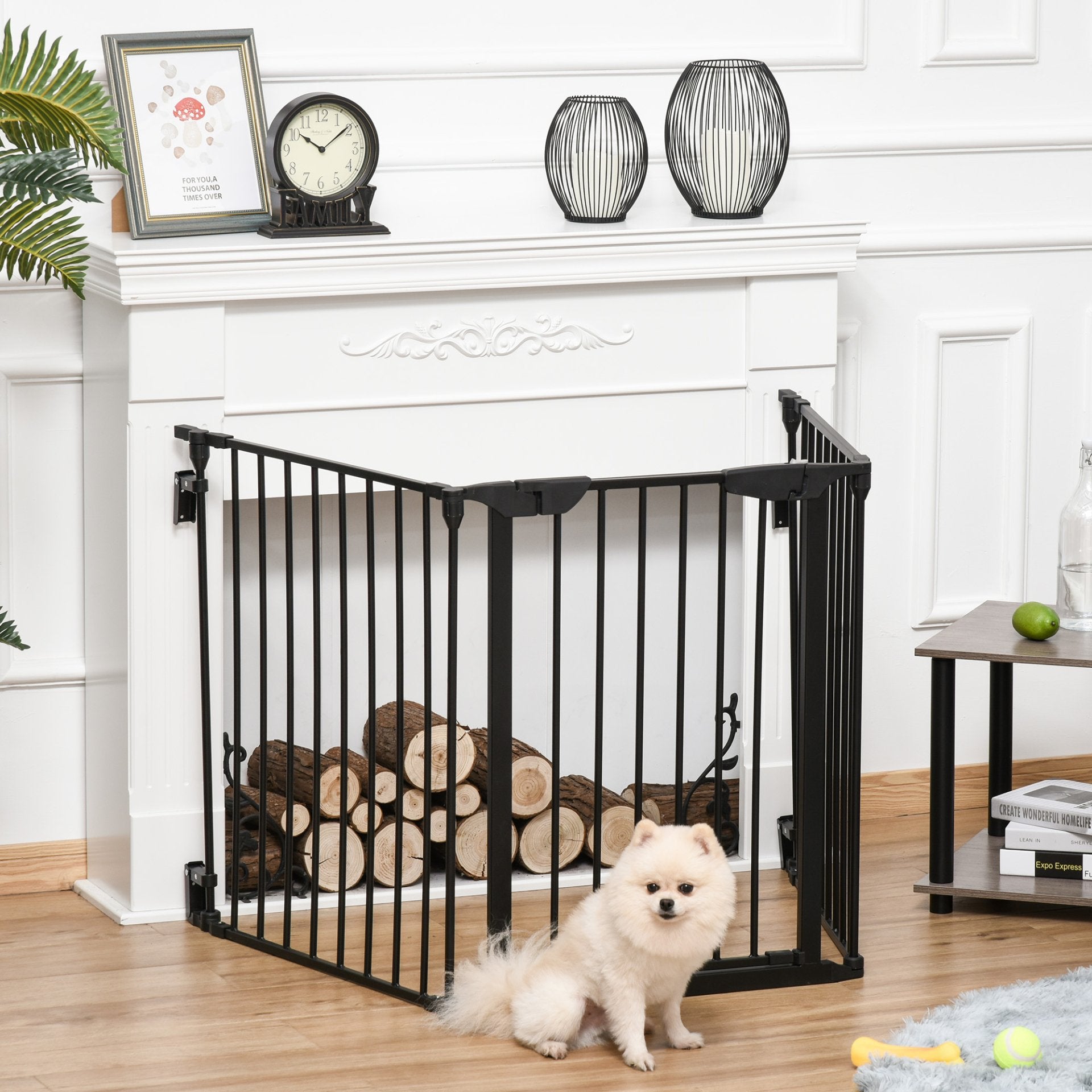 PawHut Pet Safety Gate 3 - Panel Playpen Fireplace Christmas Tree Metal Fence Stair Barrier Room Divider with Walk Through Door Automatically Close Lock Black - Baig Merchant