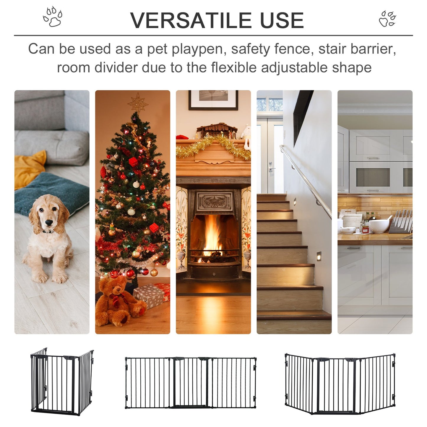 PawHut Pet Safety Gate 3 - Panel Playpen Fireplace Christmas Tree Metal Fence Stair Barrier Room Divider with Walk Through Door Automatically Close Lock Black - Baig Merchant