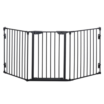 PawHut Pet Safety Gate 3 - Panel Playpen Fireplace Christmas Tree Metal Fence Stair Barrier Room Divider with Walk Through Door Automatically Close Lock Black - Baig Merchant