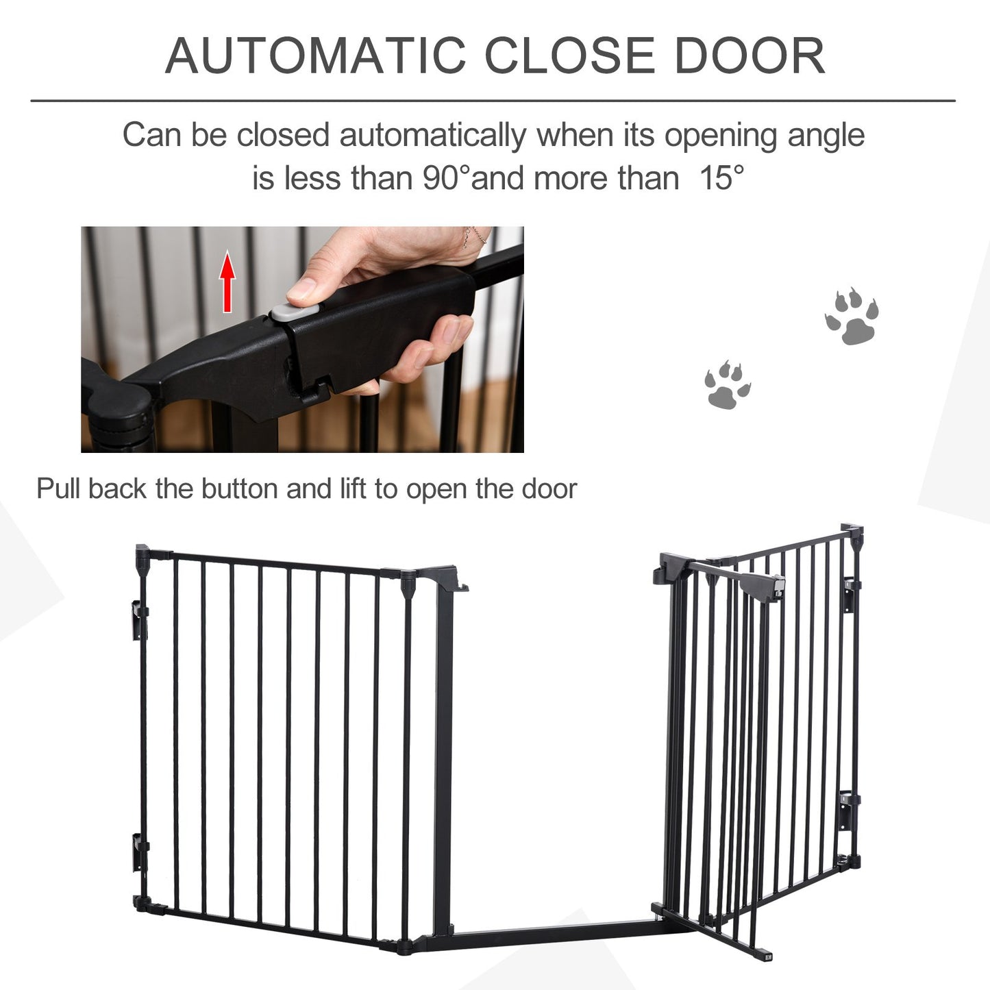 PawHut Pet Safety Gate 3 - Panel Playpen Fireplace Christmas Tree Metal Fence Stair Barrier Room Divider with Walk Through Door Automatically Close Lock Black - Baig Merchant