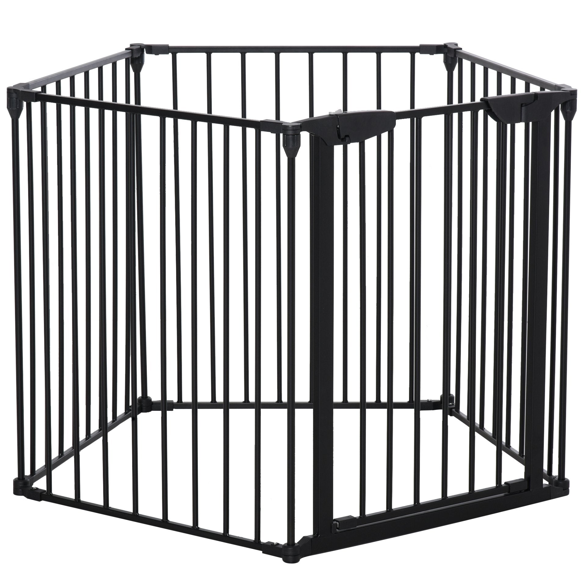 PawHut Pet Safety Gate 5 - Panel Playpen Fireplace Christmas Tree Metal Fence Stair Barrier Room Divider with Walk Through Door Automatically Close Lock Black - Baig Merchant