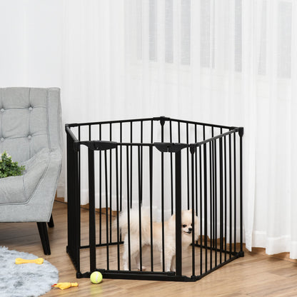 PawHut Pet Safety Gate 5 - Panel Playpen Fireplace Christmas Tree Metal Fence Stair Barrier Room Divider with Walk Through Door Automatically Close Lock Black - Baig Merchant