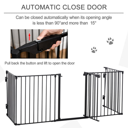 PawHut Pet Safety Gate 5 - Panel Playpen Fireplace Christmas Tree Metal Fence Stair Barrier Room Divider with Walk Through Door Automatically Close Lock Black - Baig Merchant